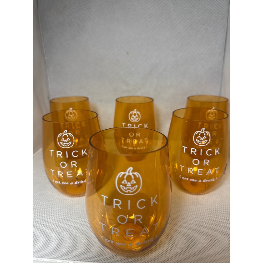 Halloween Trick or Treat Amber Stemless Wine Glasses Set of 6 Orange Pumpkin